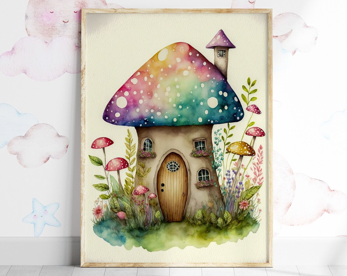 Mushroom Wall Art Print Nursery Babies Room Gift For A New Mum Kids Watercolour Painting Fantasy Colourful Bedroom Poster Gnome House Decor