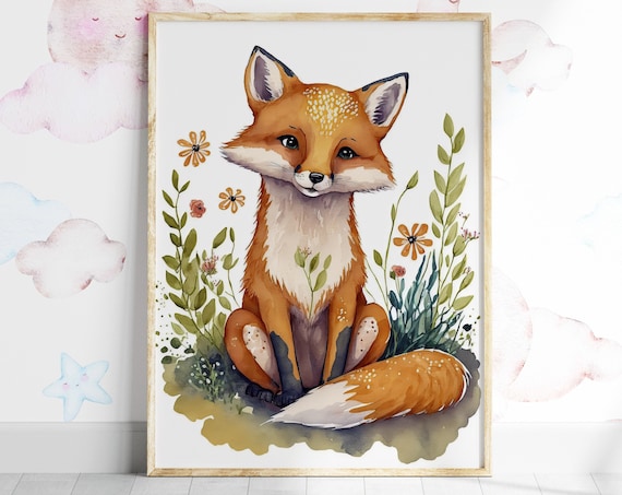 Cute Fox Cub Sitting Wildflowers Watercolor Nursery Art Poster