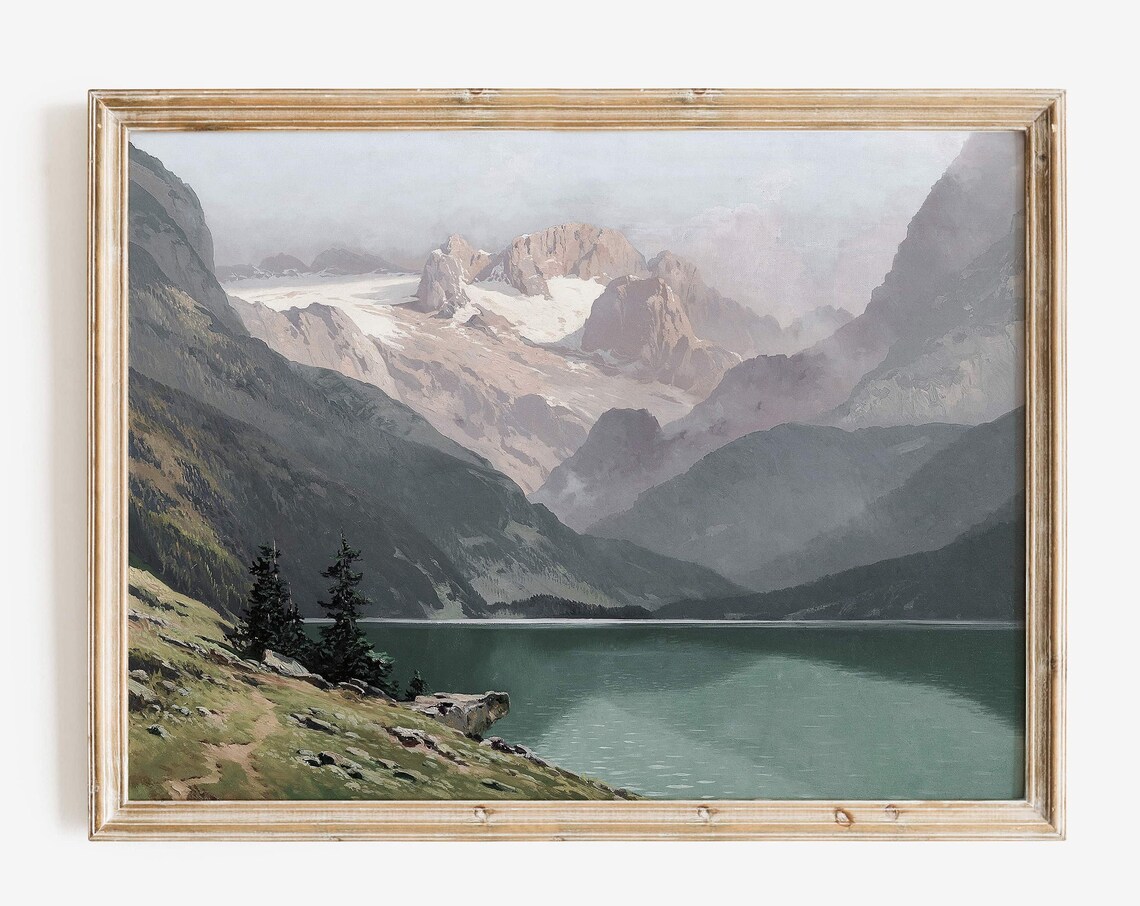 Vintage Mountain Lake Art Print, Rustic Decor