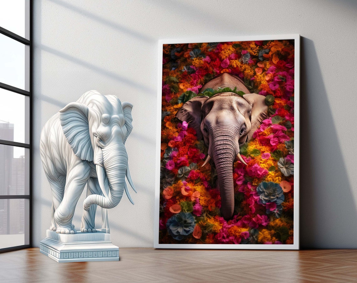 Elephant Emerging From Vibrant Flowers Colorful Jungle Print