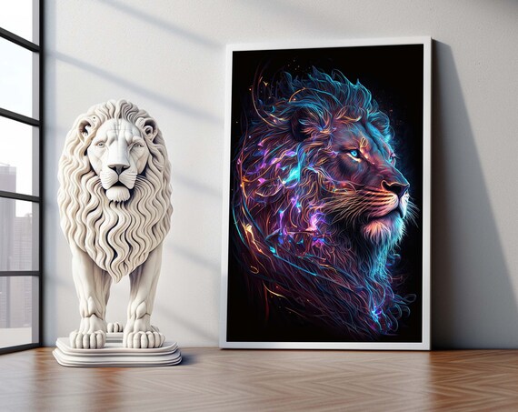 Neon Lion Canvas Wall Art Animal Abstract Glowing Wildlife Portrait Modern Home Decor Poster Ready To Hang Artwork