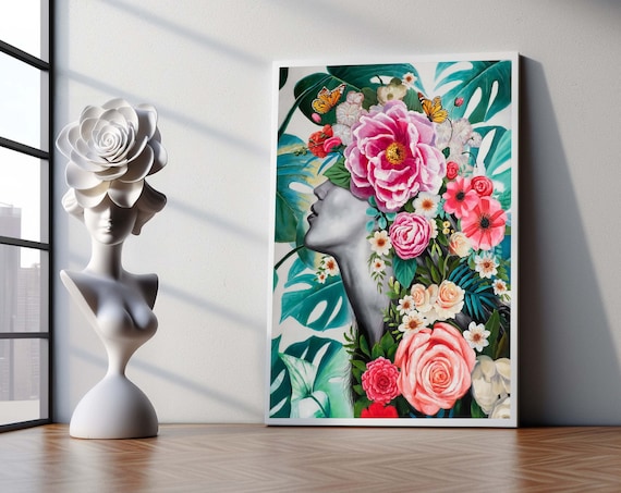 Tropical Floral Woman Portrait Poster With Butterflies And Monstera