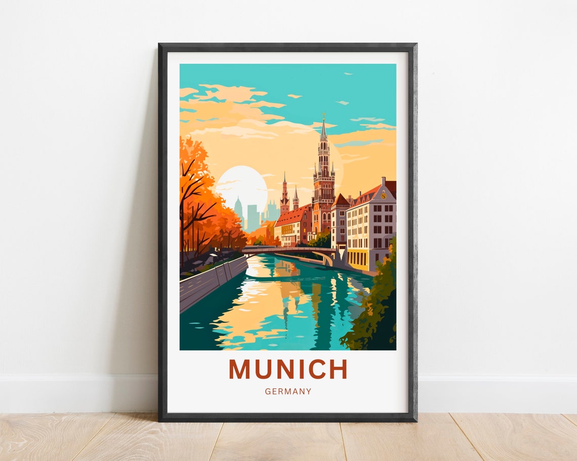 Munich Germany Autumn River Reflection Bridge Sunset Art Poster