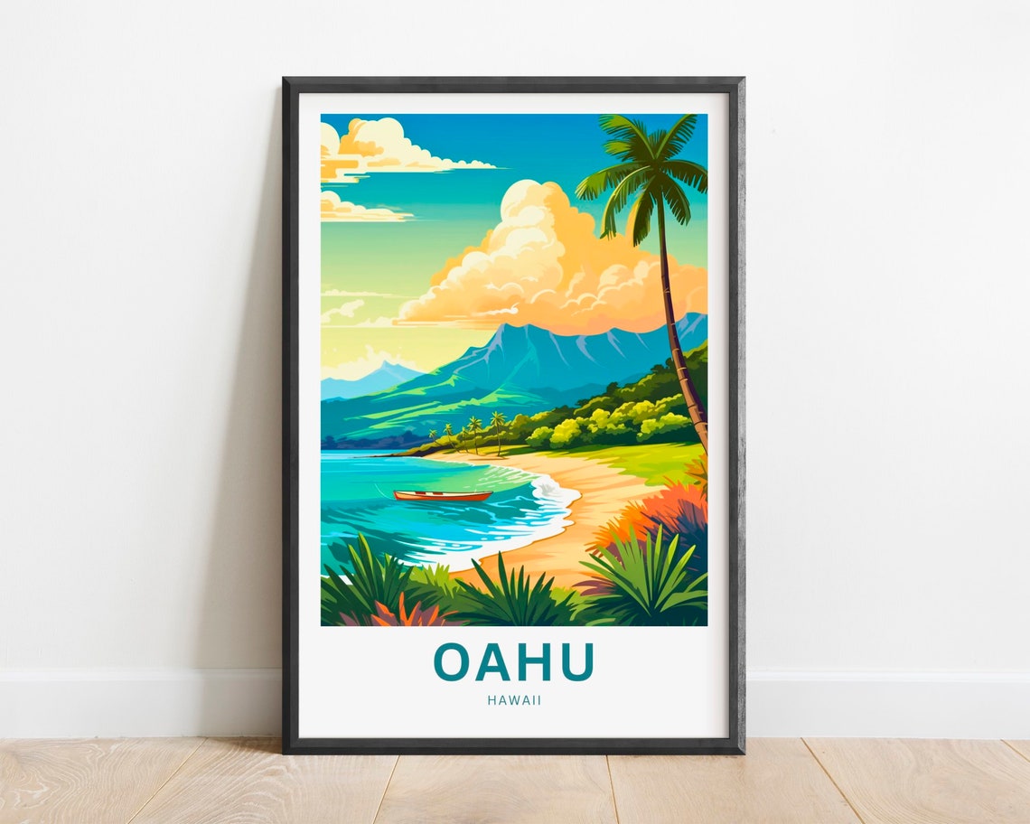 Oahu Hawaii Canoe on Beach Turquoise Sea Mountain Travel Poster