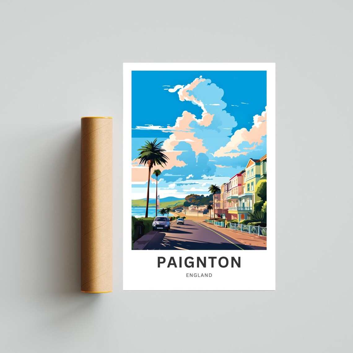 Paignton England Seafront Palms Pastel Terrace Street Poster - Image 4