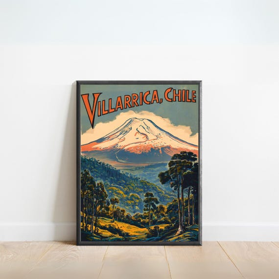 Villarrica Mountain Vintage Travel Poster Print Chile Wall Art Framed Gift Present