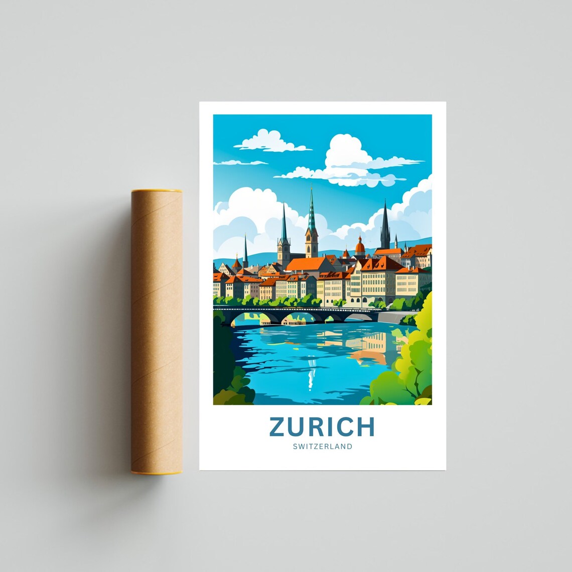 Zurich Switzerland River Old Town Spires Bridge Travel Poster - Image 4