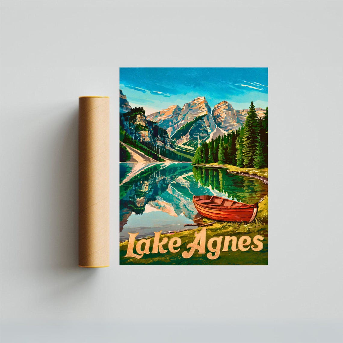 Lake Agnes Vintage Red Canoe On Still Glassy Mountain Lake Poster - Image 4