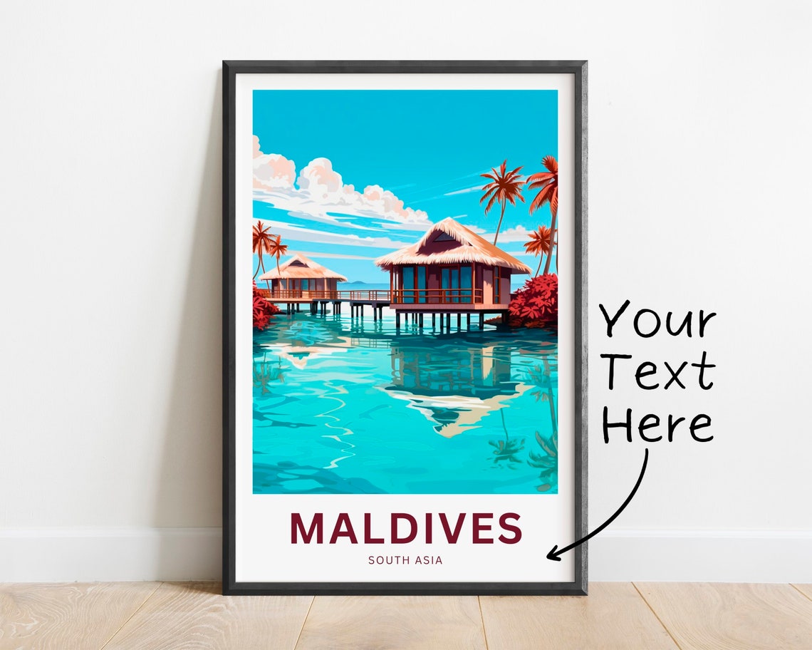Maldives Palm Lined Lagoon Huts Reflection Personalized Travel Poster