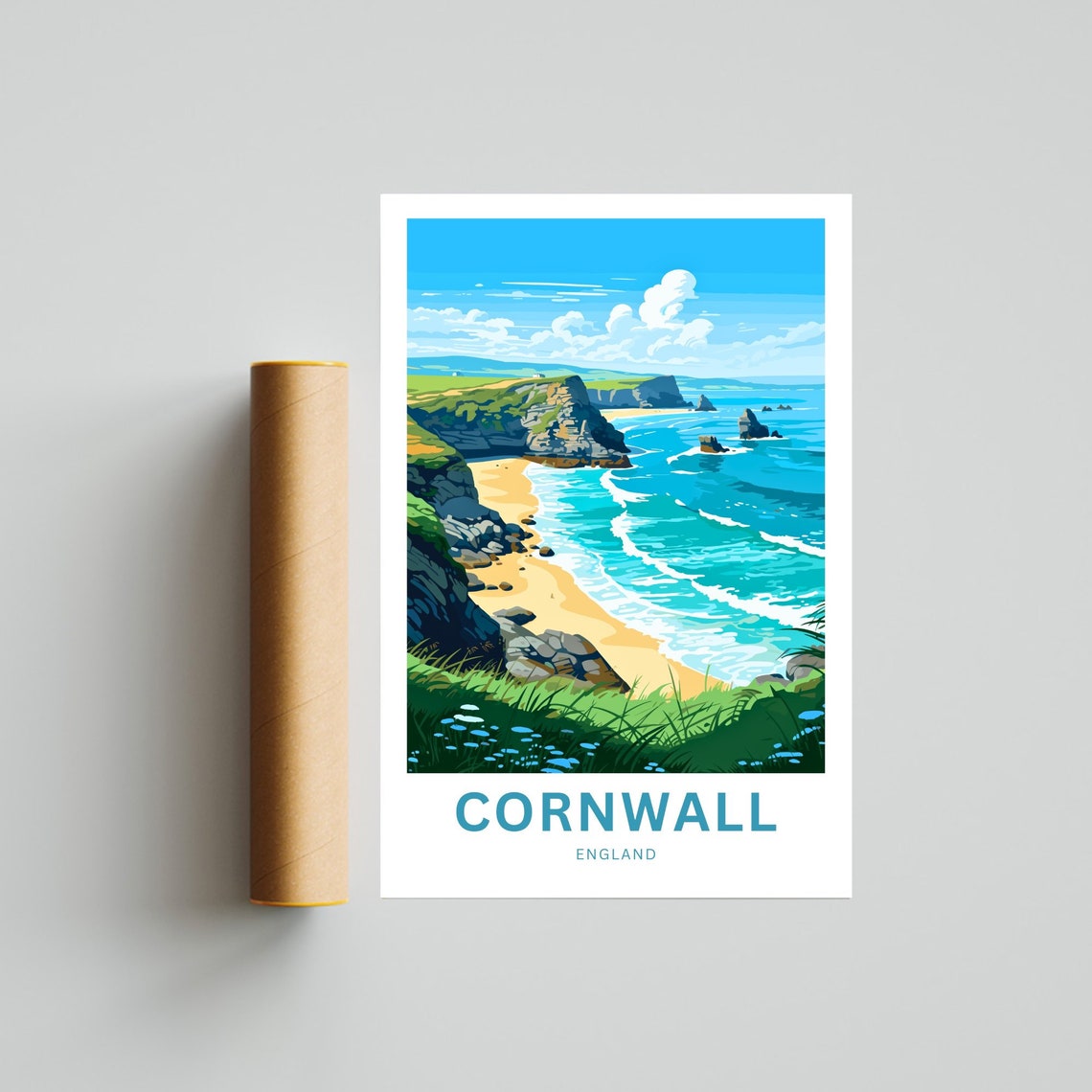 Personalized Cornwall England Coastal Cliffs Travel Poster Gift Art - Image 4