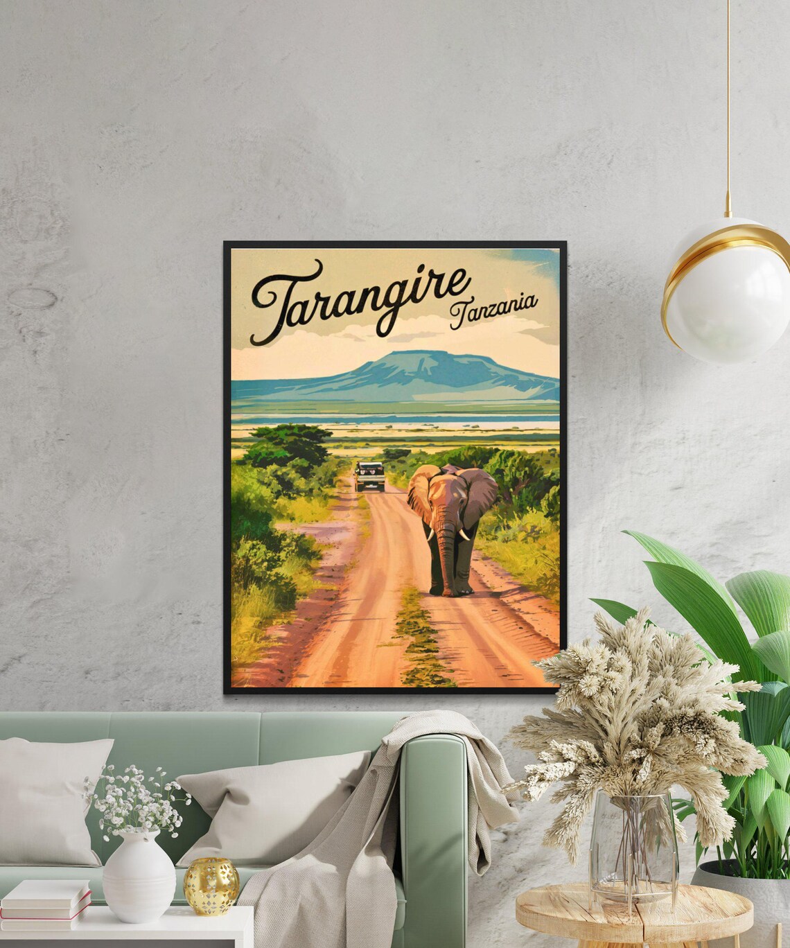 Tarangire Tanzania Safari Elephant Dirt Road Jeep Vintage Poster - Image 2