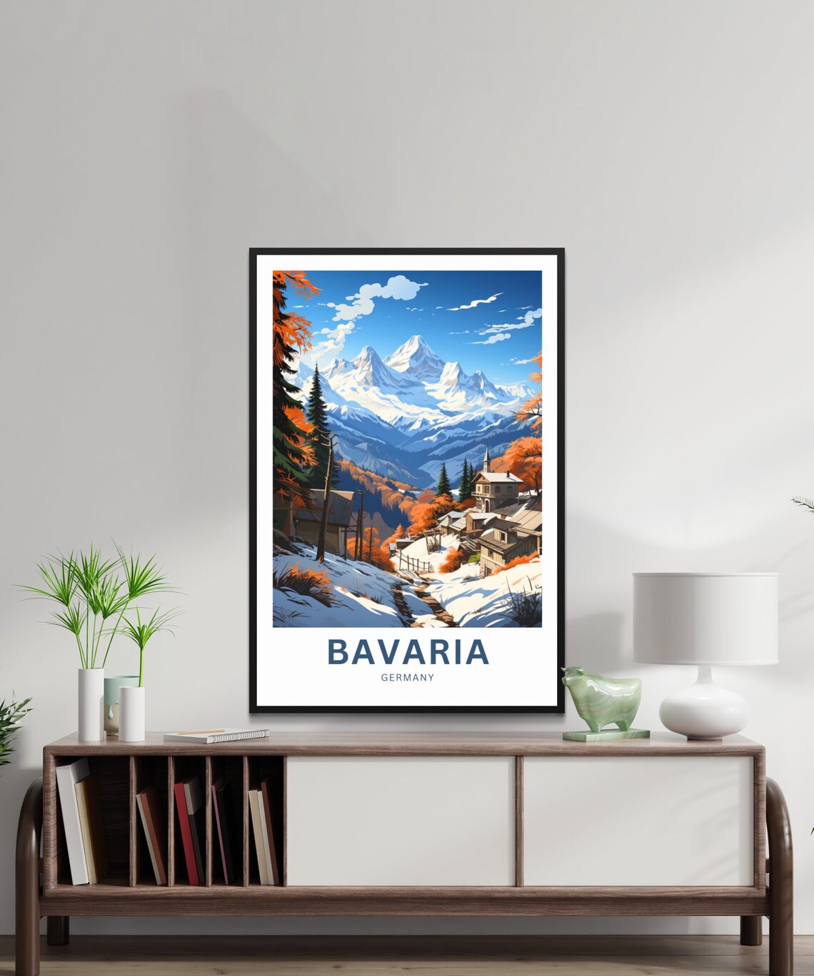 Bavaria Germany Snowy Alpine Village Autumn Peaks Travel Poster - Image 2