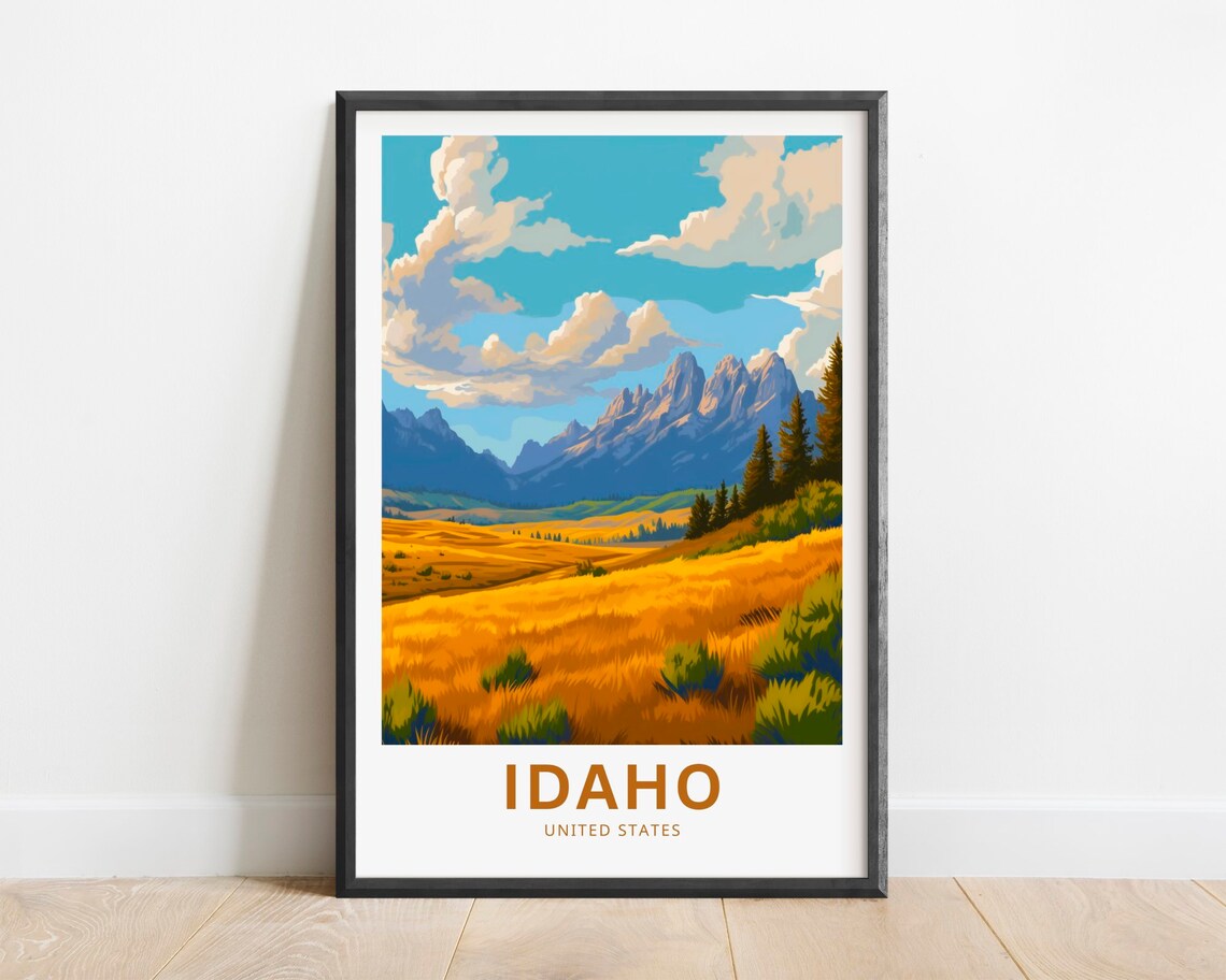 Idaho Golden Meadow Mountain Peaks Autumn Field Travel Poster