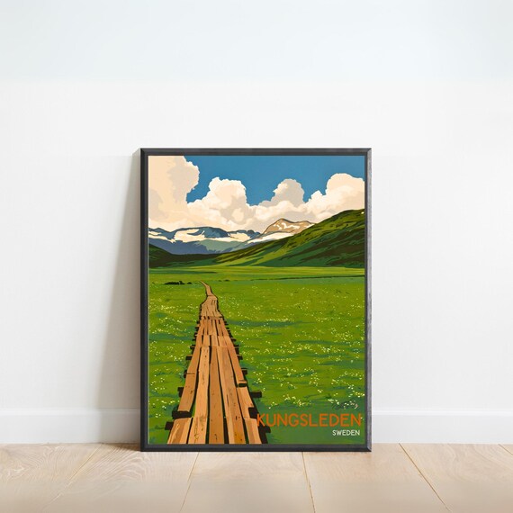 Kungsleden Sweden Vintage Travel Poster Mountain Hiking Trail Retro Wall Decor