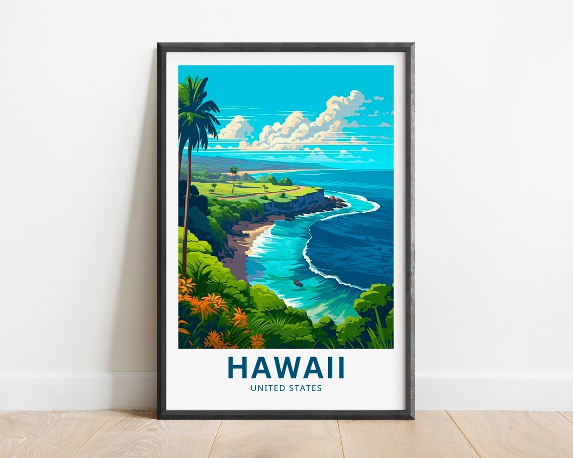 Hawaii Tropical Coastline Palms Surf Beach Travel Poster Gift