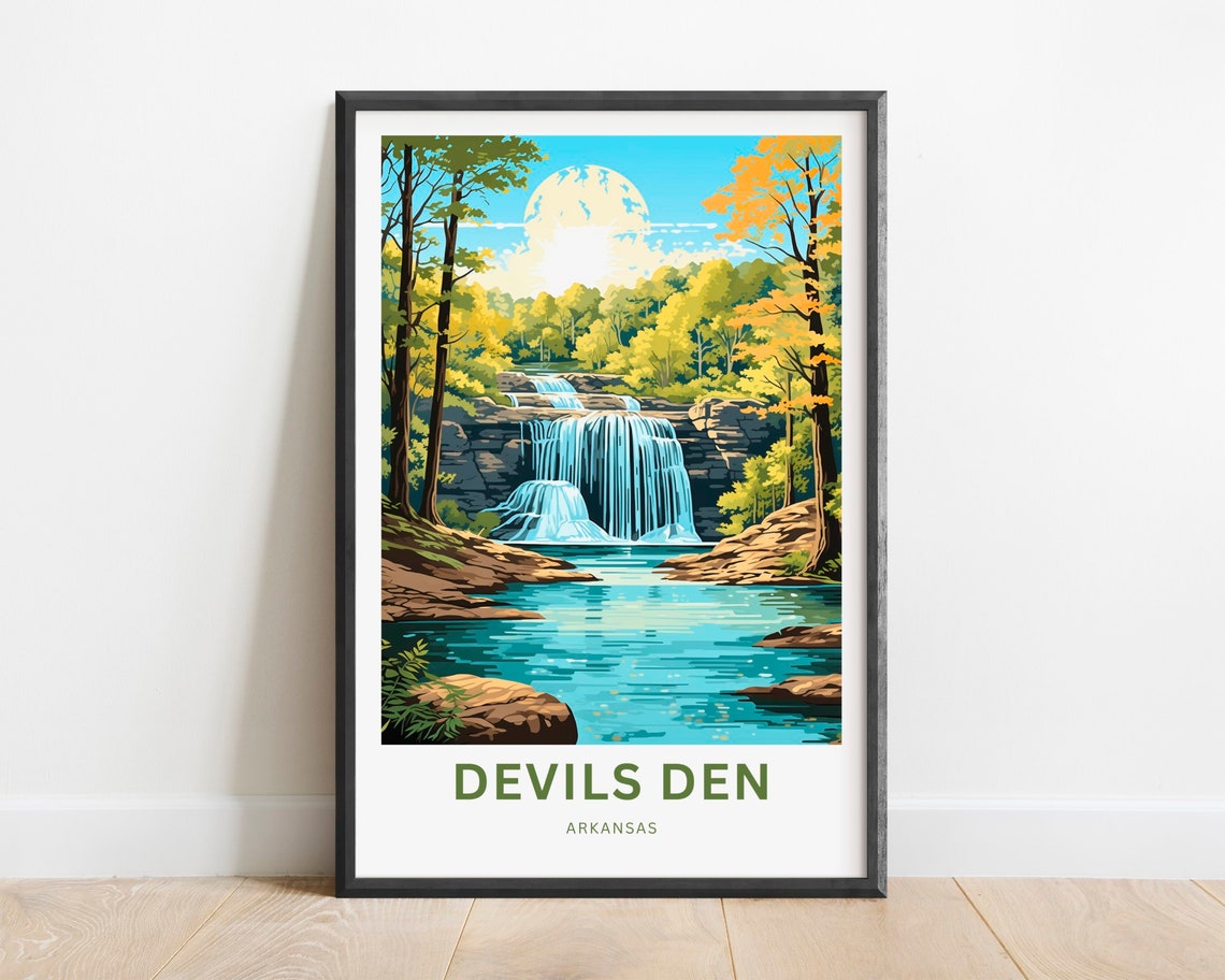 Devils Den Arkansas Sunrise Waterfall Autumn Forest Travel Poster