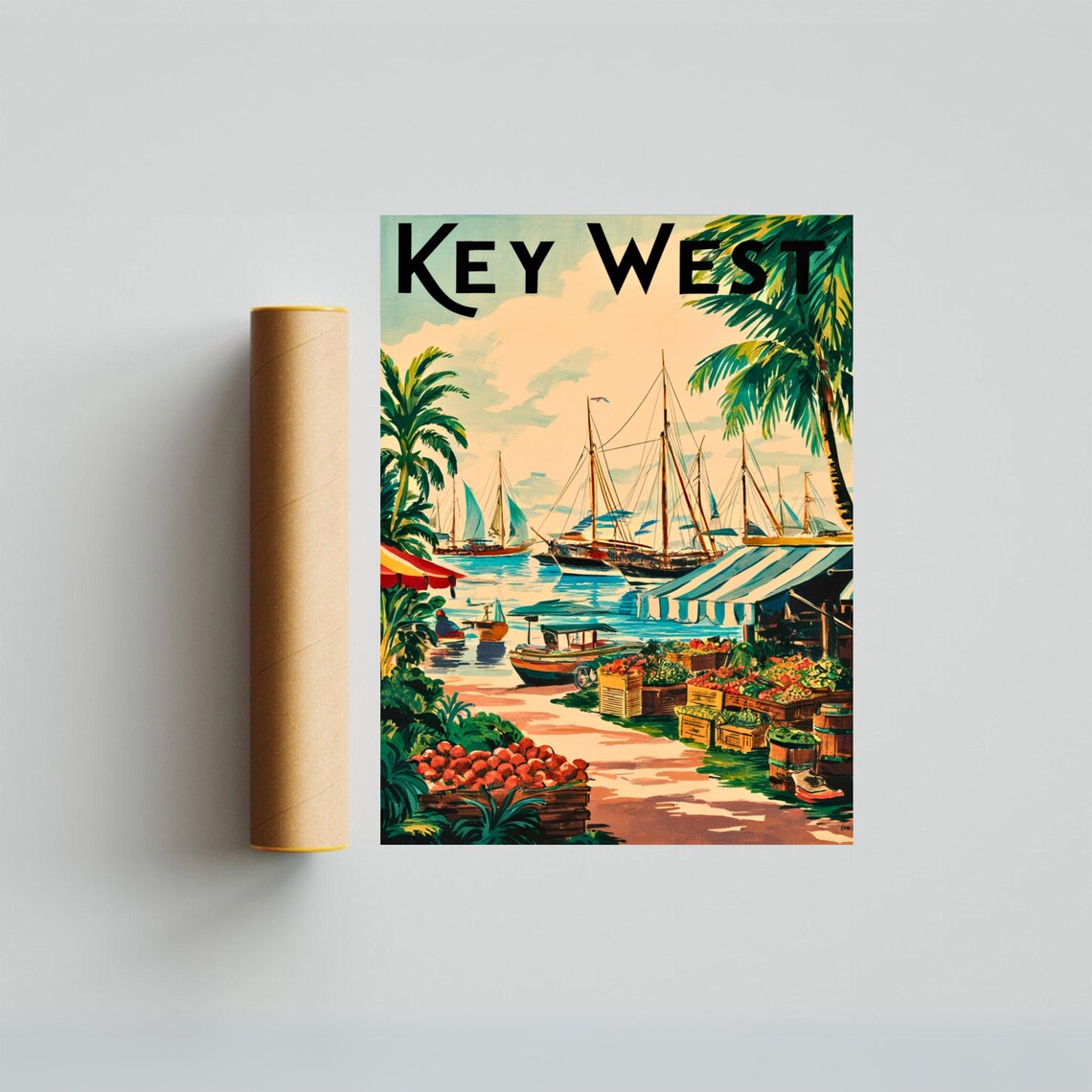 Key West Florida Harbor Sailboats Market Retro Travel Poster - Image 3