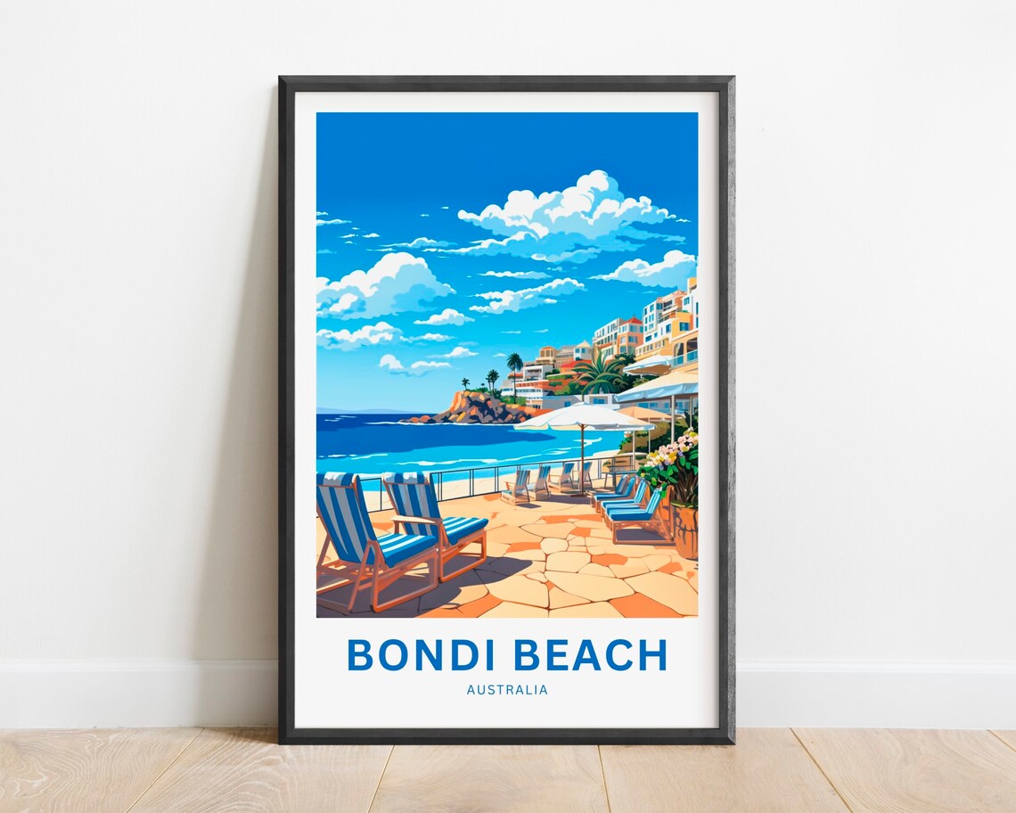 Bondi Beach Australia Striped Deck Chairs Terrace Travel Poster