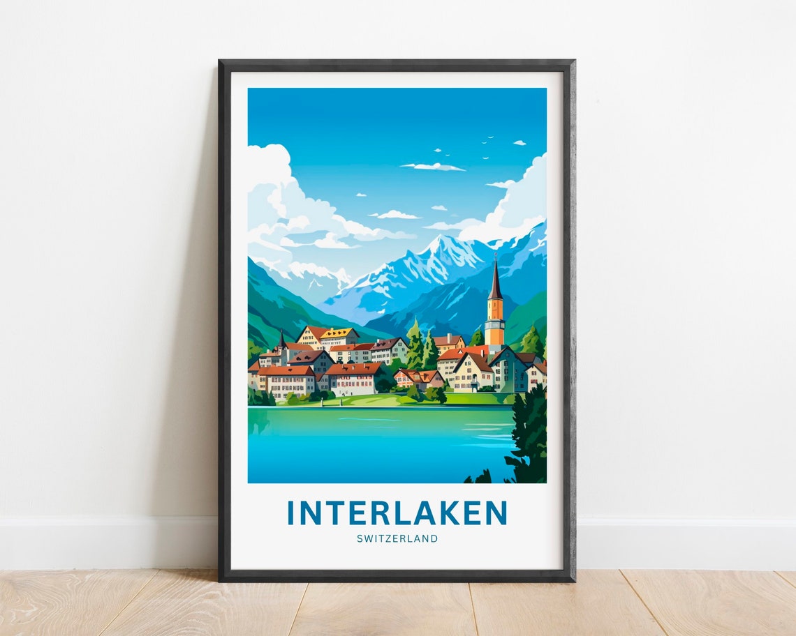 Interlaken Switzerland Lakeside Town Mountain Peak Travel Poster