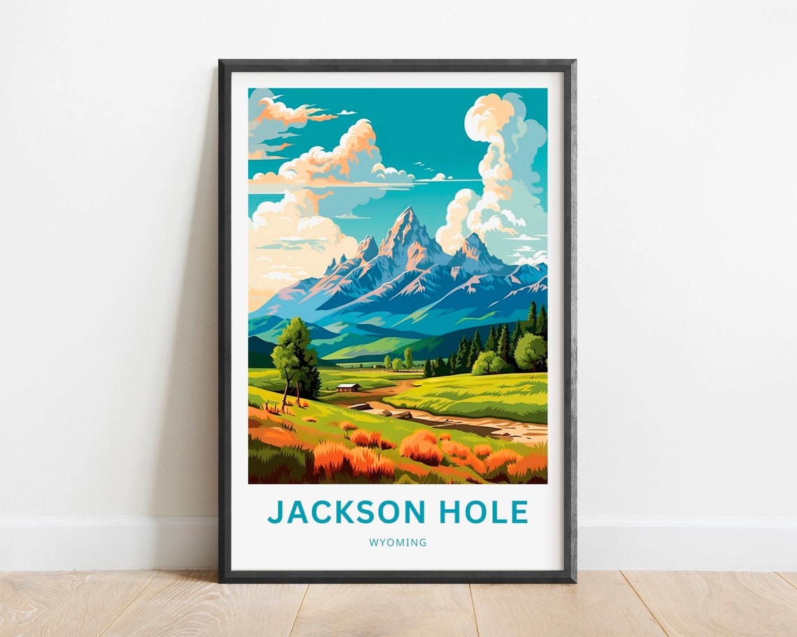 Jackson Hole Wyoming Summer Valley River Cabin Mountain Scene Poster