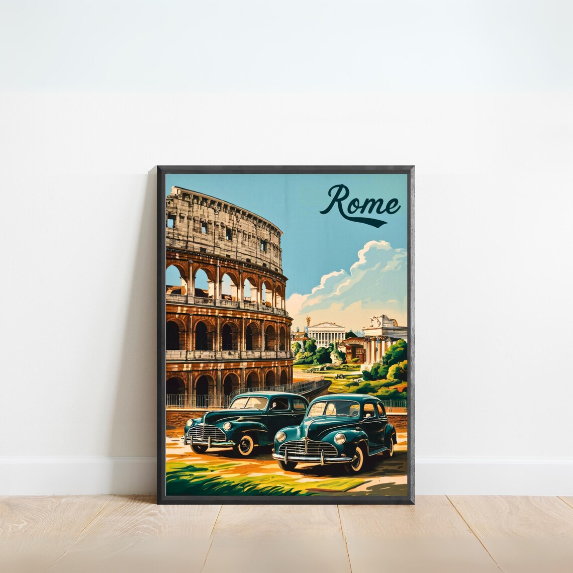 Rome Italy Colosseum Vintage Cars Retro Landmark Travel Poster