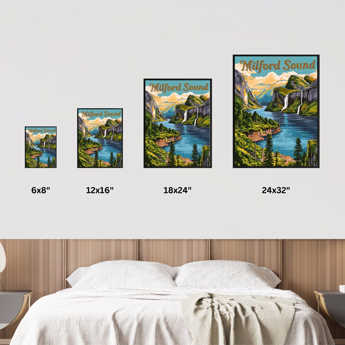 Milford Sound New Zealand Fjord Waterfall Teal Vintage Travel Poster - Image 4