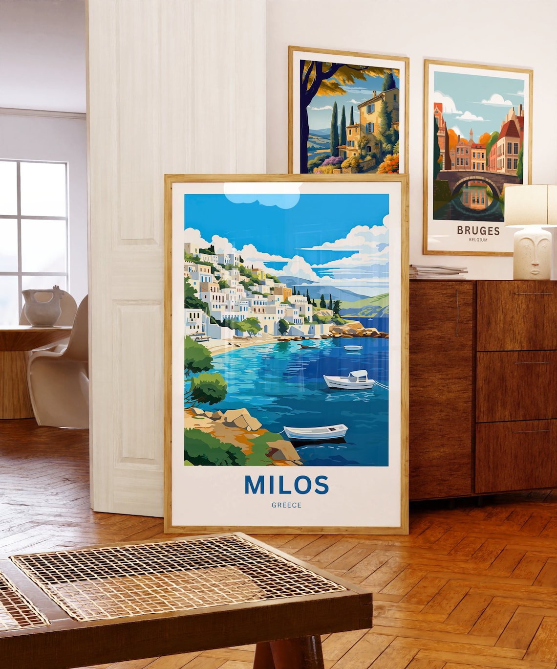 Milos Greece Hillside Village Harbor Boats Blue Water Travel Poster - Image 5