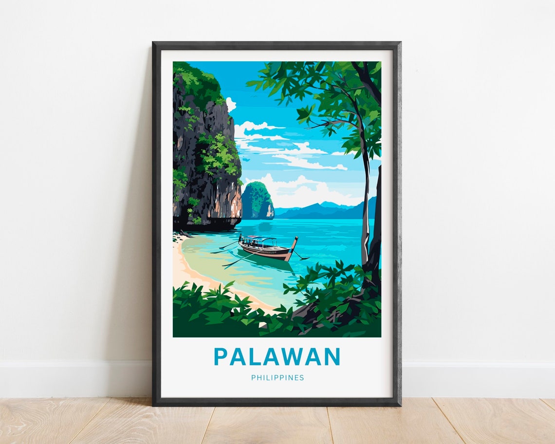 Palawan Philippines Travel Poster Longtail Boat Turquoise Cove Art
