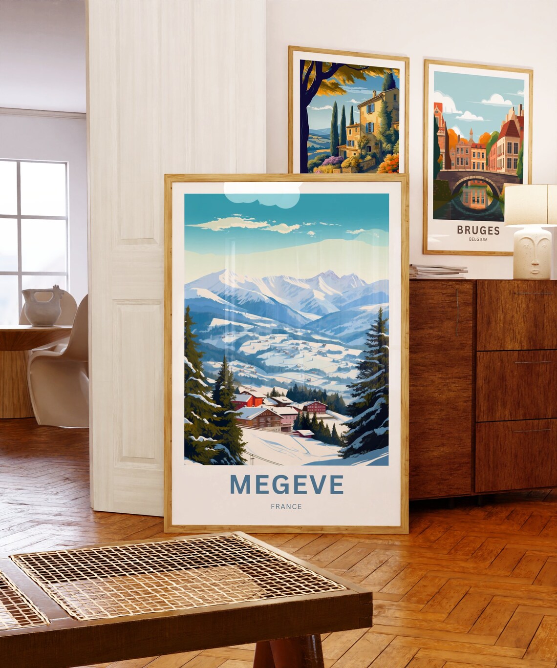 Megeve France Snowy Alpine Village Winter Ski Vintage Travel Poster - Image 3