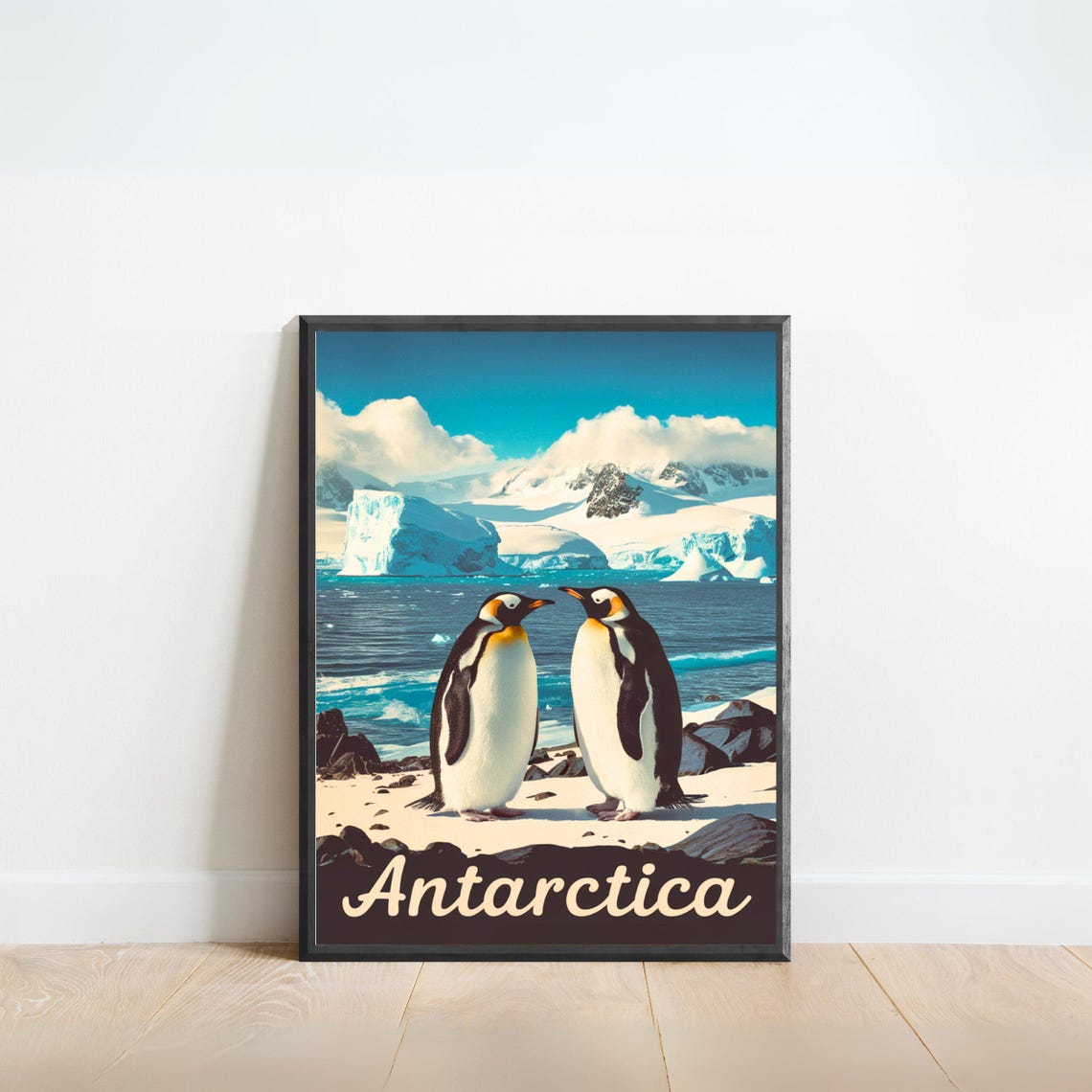 Antarctica Penguins Iceberg Shore Script Lettering Travel Poster