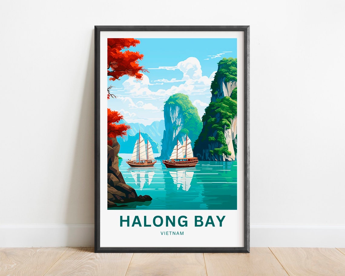 Halong Bay Vietnam Junk Boats Among Limestone Karst Cliffs Poster