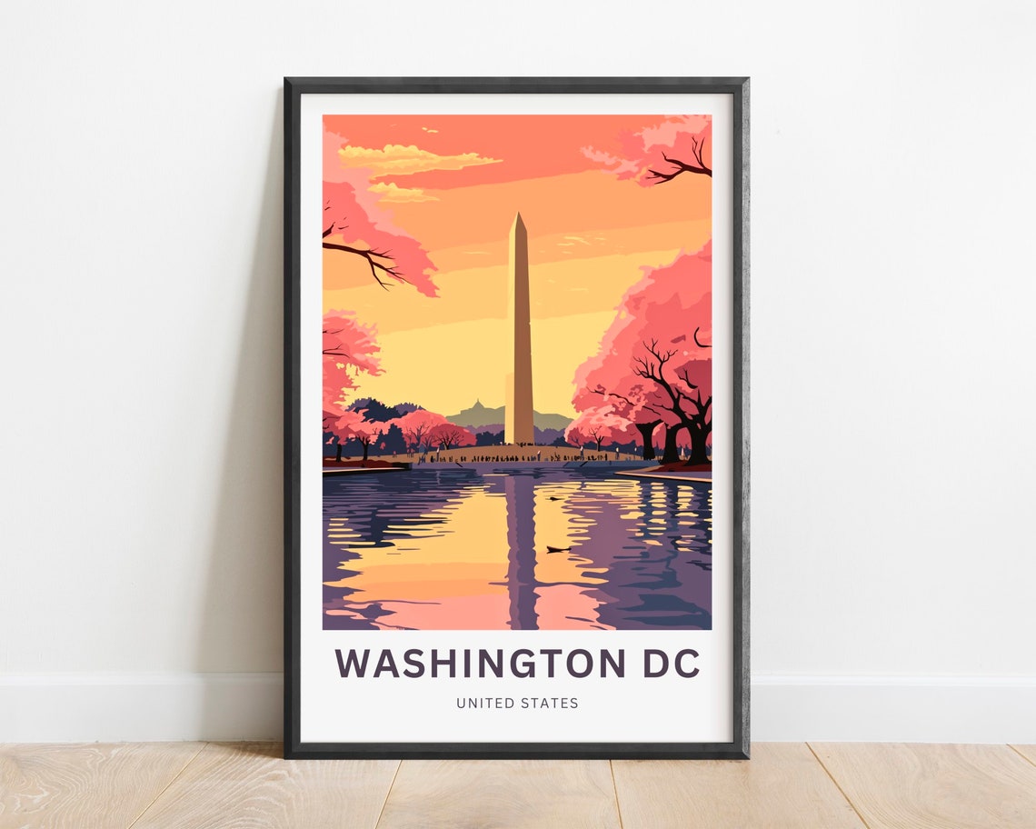 Washington DC Monument Cherry Blossom Tidal Basin Sunset Travel Poster