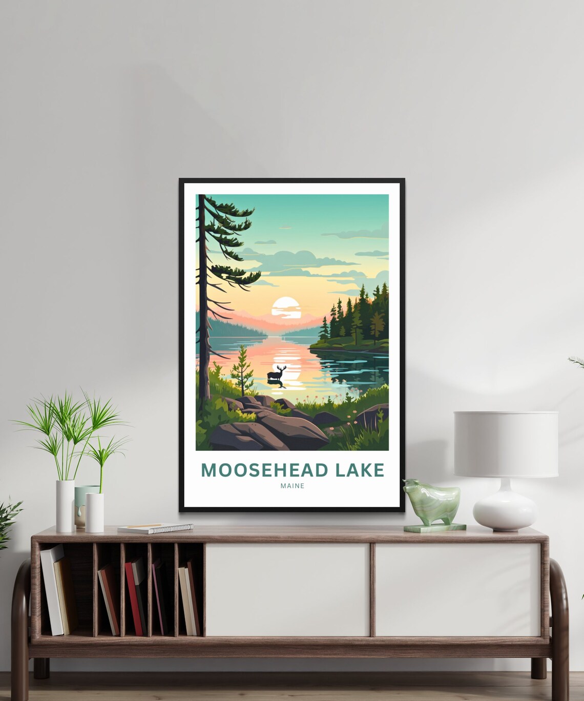 Moosehead Lake Maine Sunset Moose Swimming Lake Travel Poster - Image 2