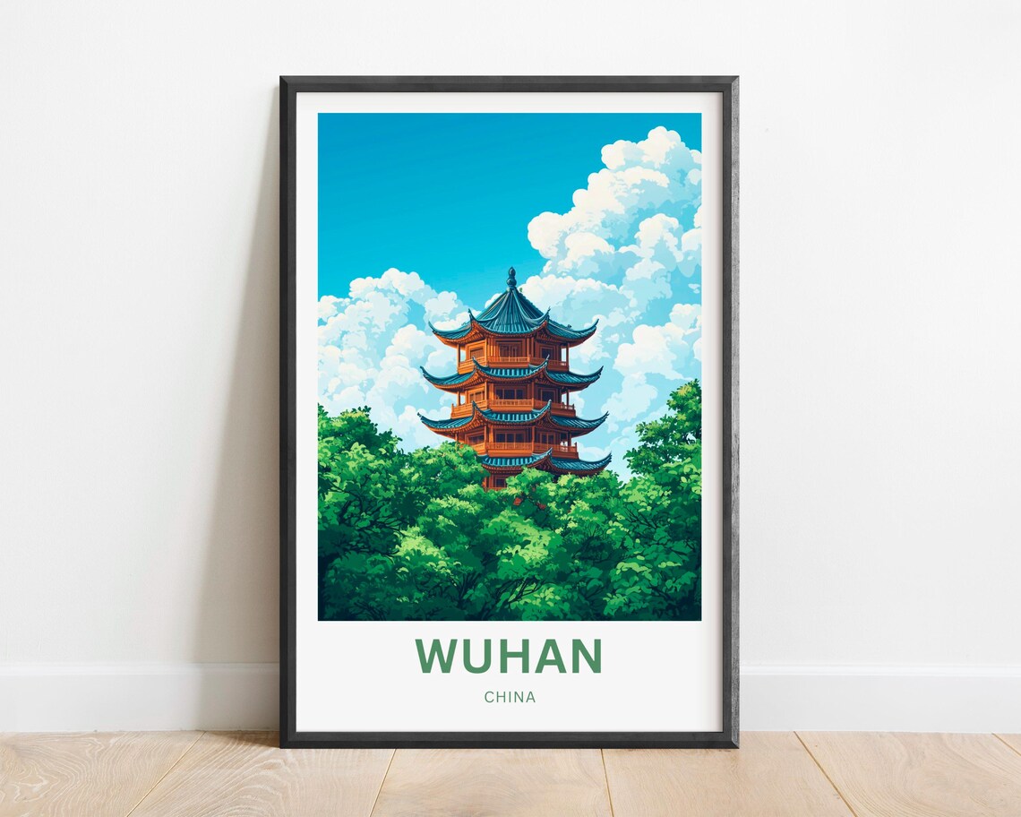Wuhan China Red Pagoda Tower Rising Above Green Trees Poster