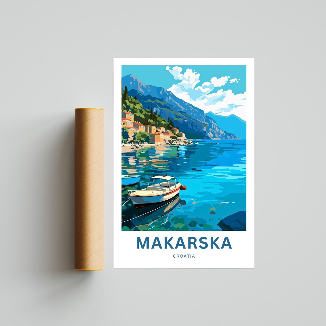Personalized Makarska Croatia Harbor Boats Mountain View Poster - Image 4