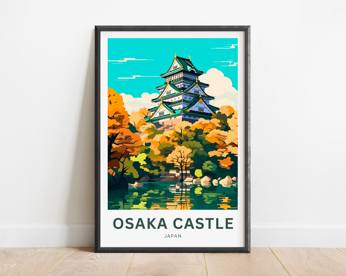 Osaka Castle Japan Golden Autumn Trees Moat Reflection Travel Poster