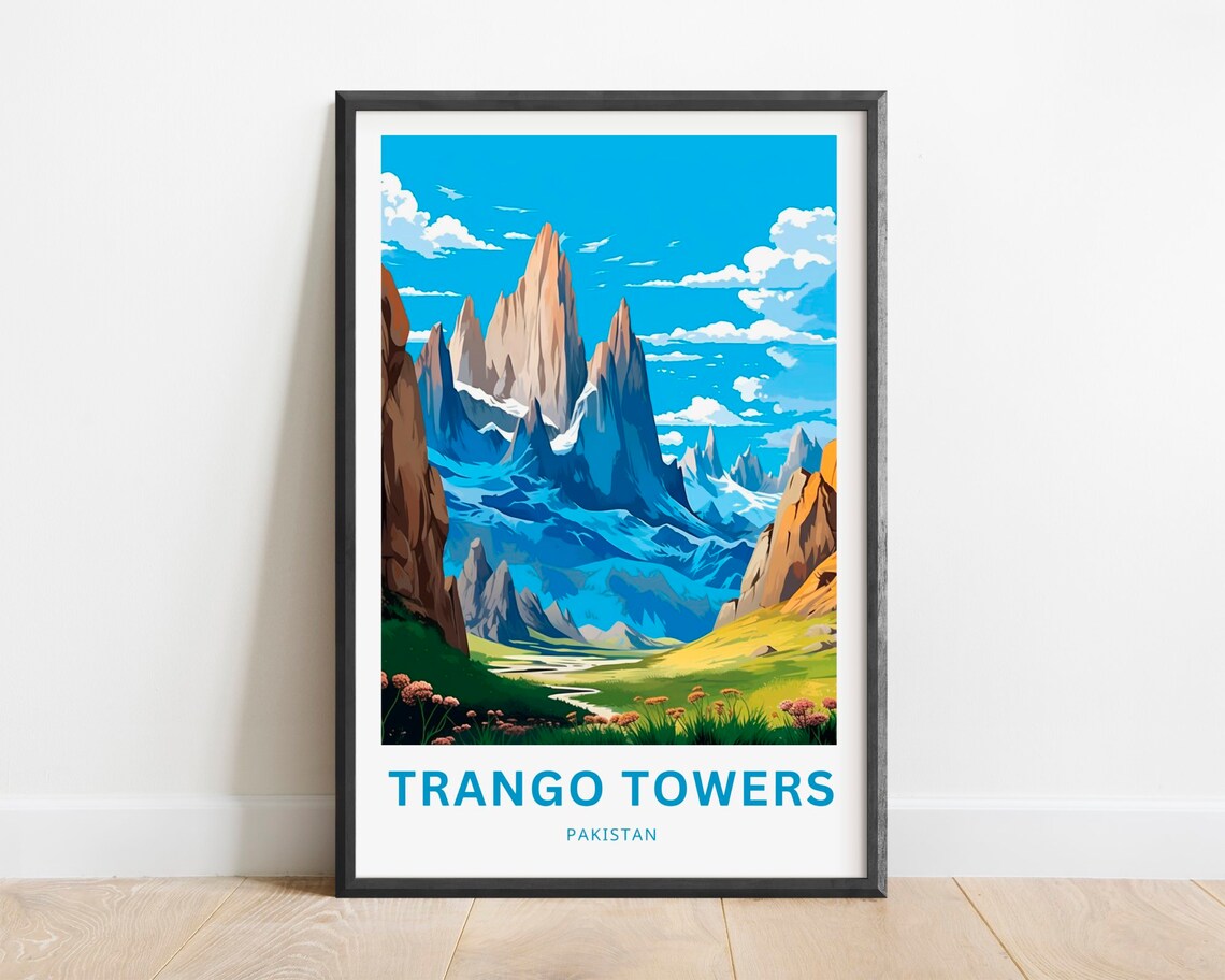 Trango Towers Pakistan Blue Peaks Wildflower Meadow Travel Poster