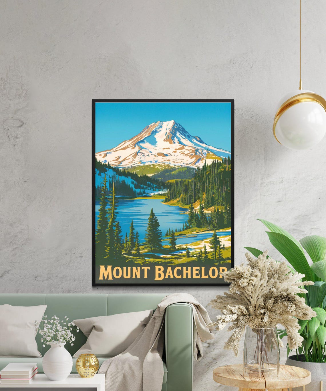 Retro Mount Bachelor Oregon Snowy Peak Lake Pines Travel Poster - Image 3