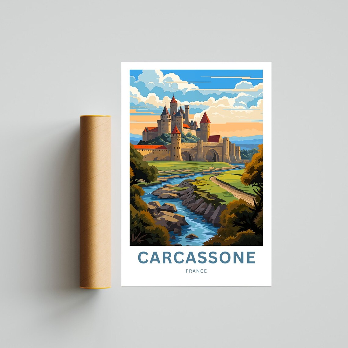 Carcassonne France Medieval Castle and River Sunset Travel Poster - Image 4