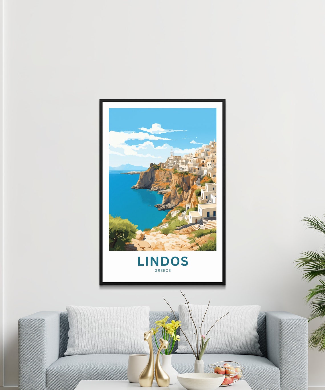 Lindos Greece Cliff Village Ocean View Mediterranean Travel Poster - Image 3