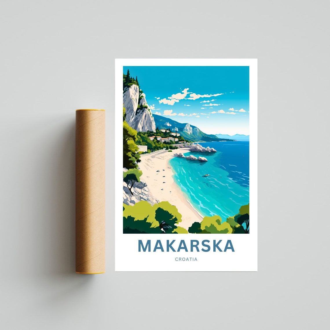 Personalized Makarska Croatia Sandy Beach Bay Cliffs Scene Poster - Image 4