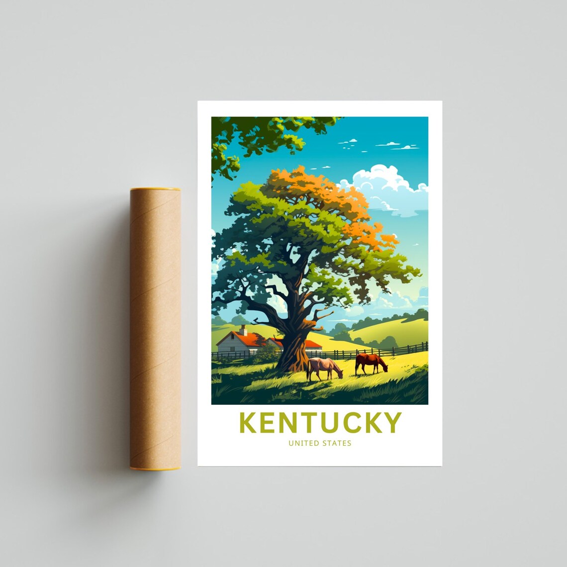 Kentucky Horse Farm with Grand Oak Tree Pasture Scene Travel Poster - Image 4