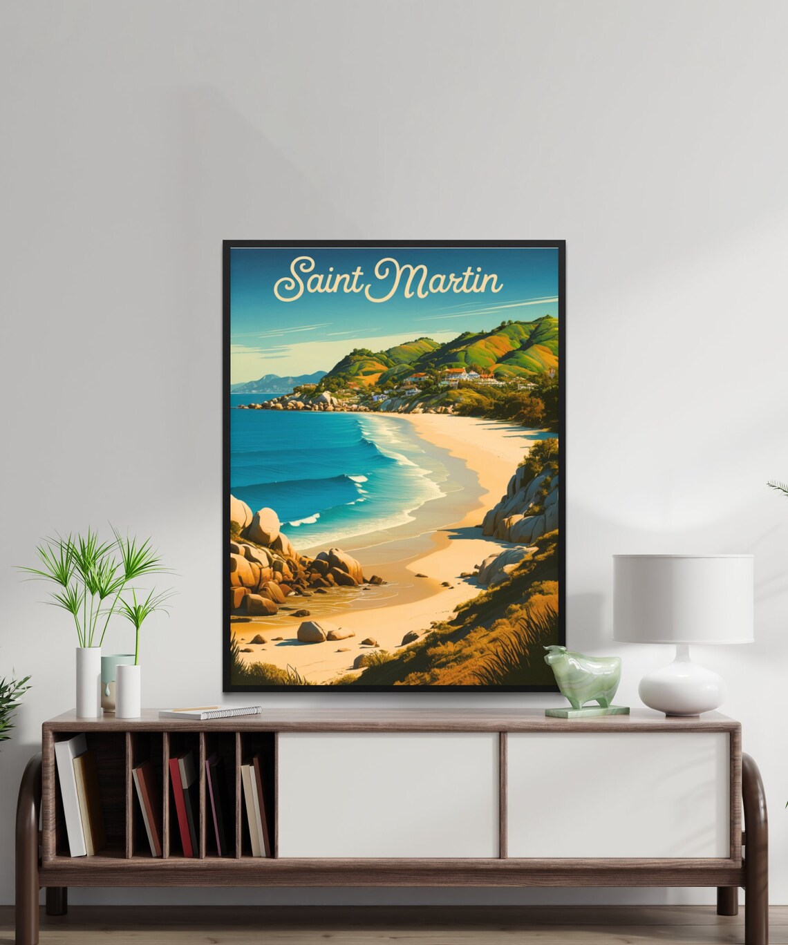 Saint Martin Vintage Caribbean Beach Rocky Coast Sunset Poster - Image 3