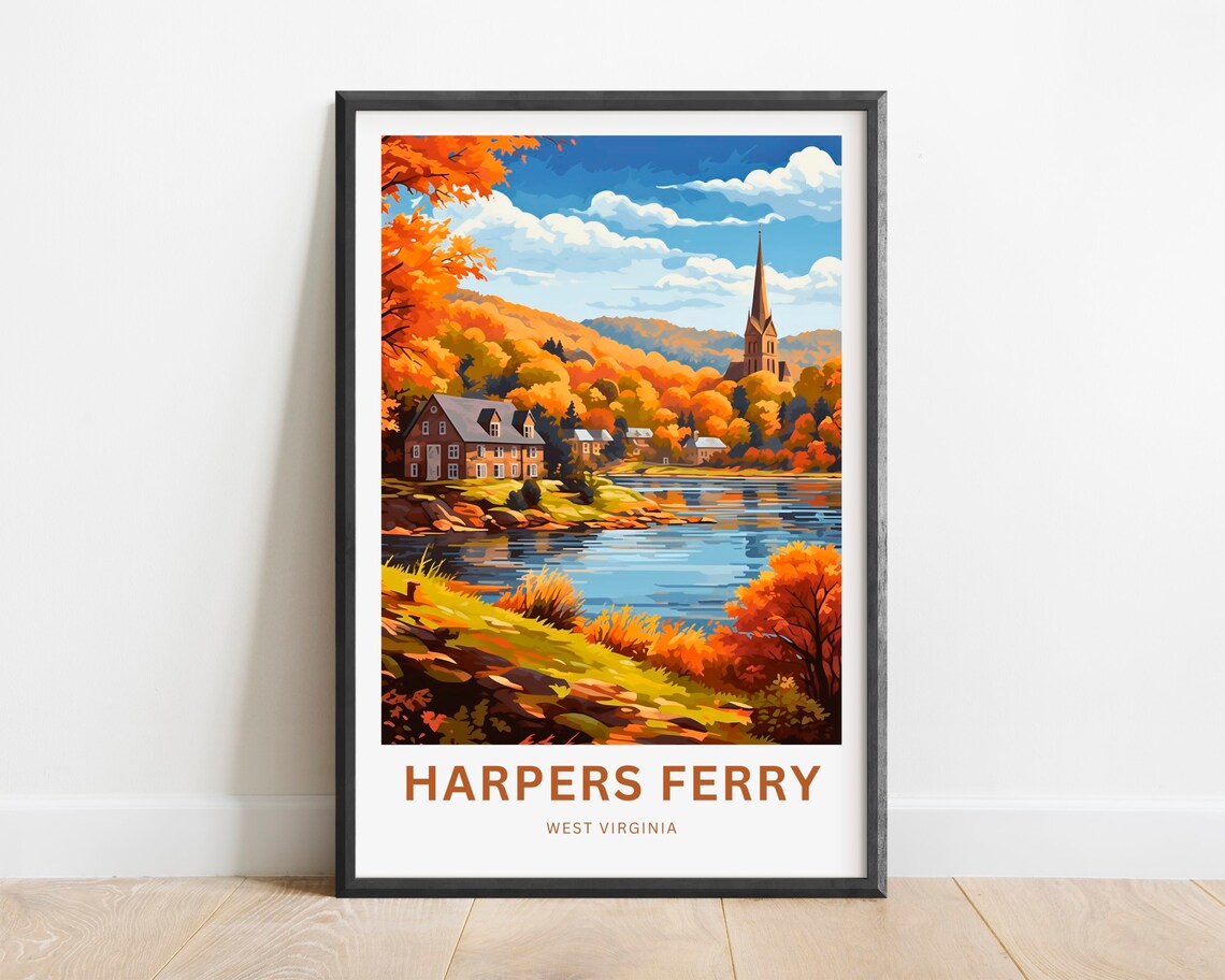 Harpers Ferry Autumn Riverbank with Church Spire Hillside Poster