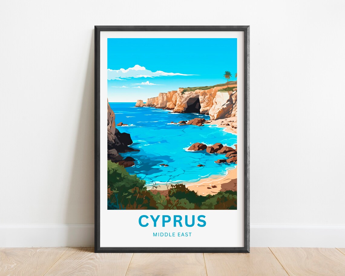 Cyprus Turquoise Bay Limestone Cliffs Coastal Vintage Travel Poster