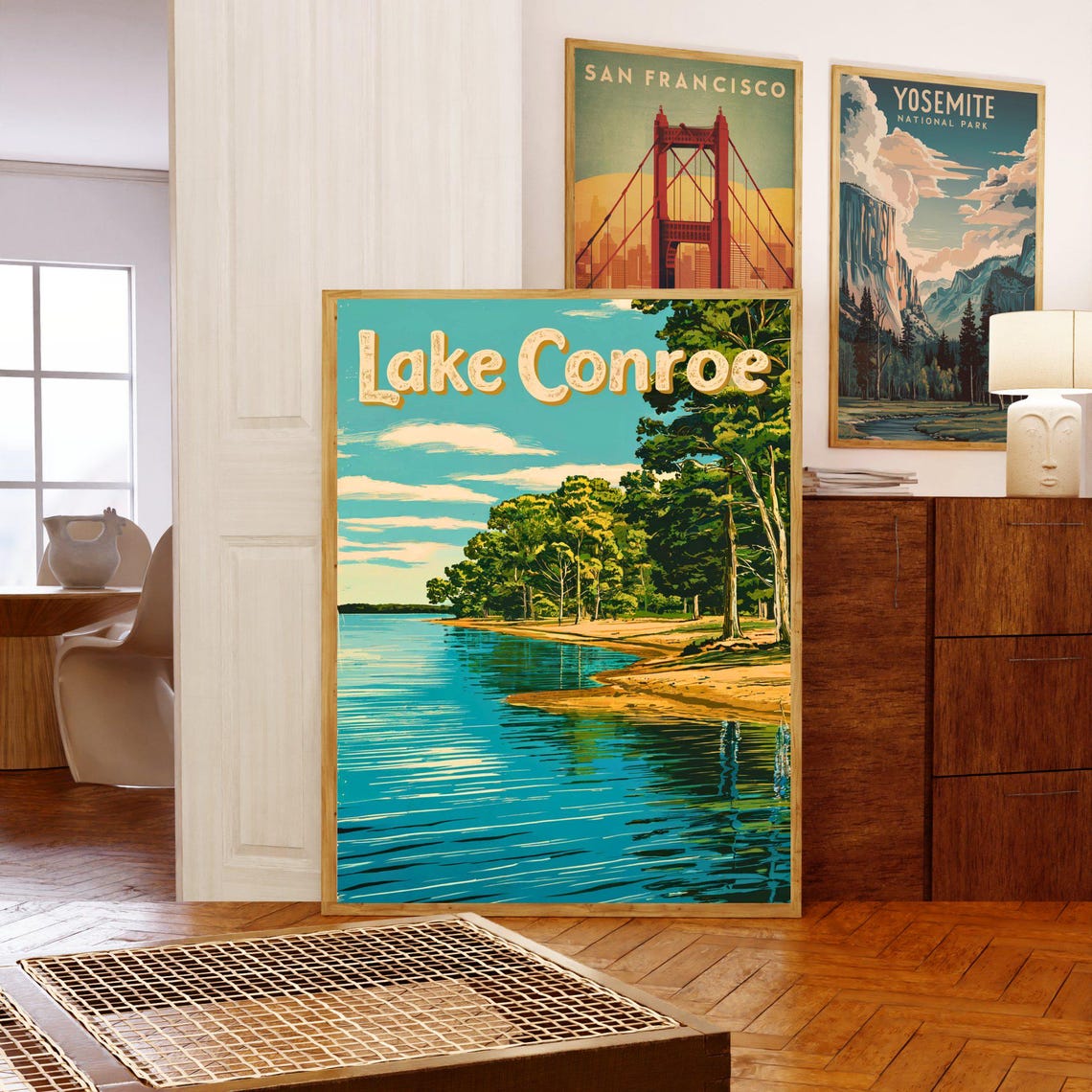 Lake Conroe Texas Travel Poster Curved Sandy Shore Pine Forest Art - Image 5