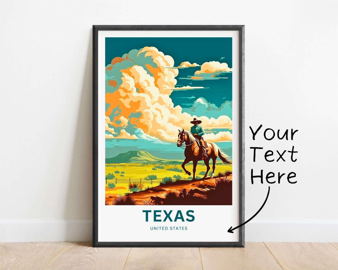 Texas Cowboy Riding Toward Mesa Horizon Custom Text Travel Poster