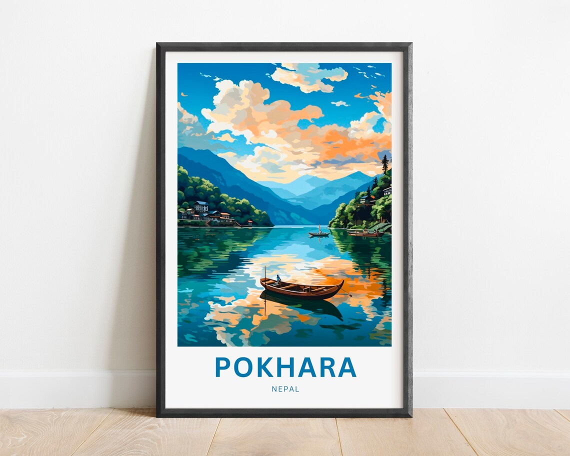 Pokhara Nepal Mirror Lake Lone Canoe Golden Hour Travel Poster