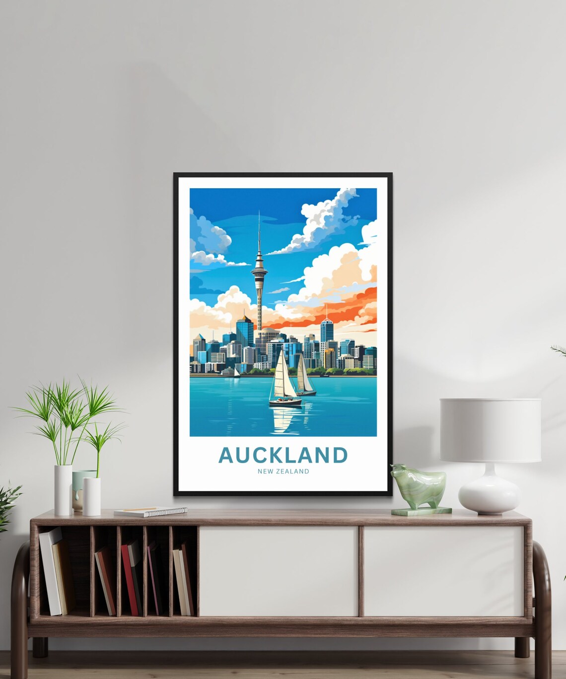 Auckland New Zealand Sky Tower Sunset Sailboat Scene Travel Poster - Image 2