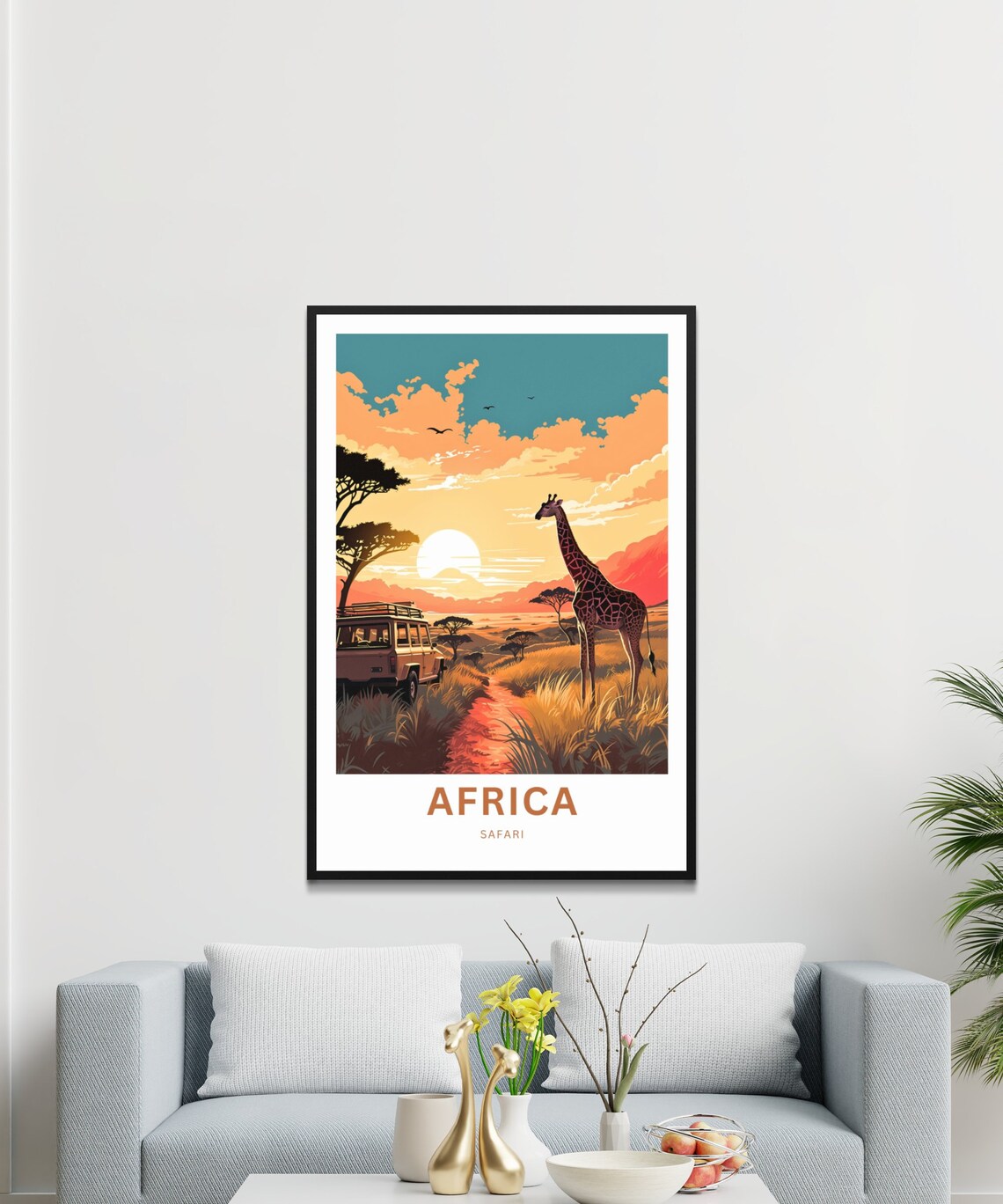 Africa Safari Giraffe and Jeep at Sunset Savanna Scene Poster - Image 3